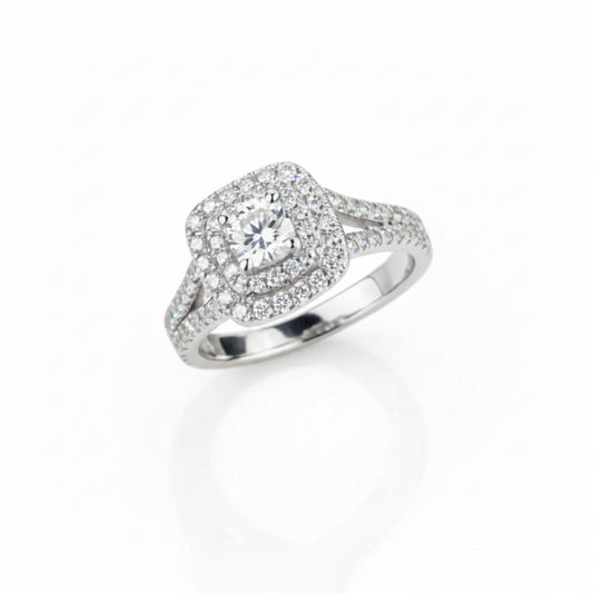 14K White Gold Halo Engagement Ring-Natural Round Cut Diamond