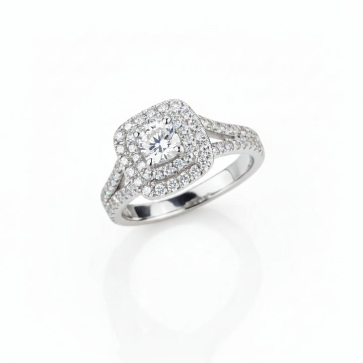 14K White Gold Halo Engagement Ring-Natural Round Cut Diamond