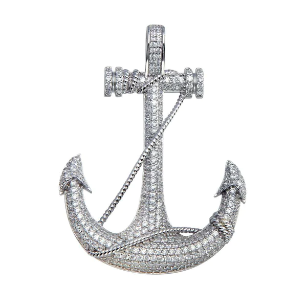 Silver Rhodium Plated CZ Anchor Hip Hop Pendant