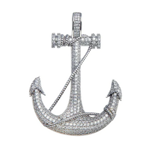 Silver Rhodium Plated CZ Anchor Hip Hop Pendant, 925