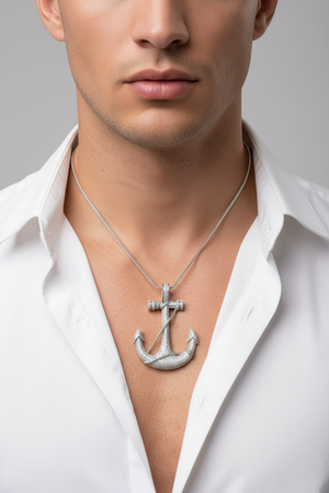Silver Rhodium Plated CZ Anchor Hip Hop Pendant, 925