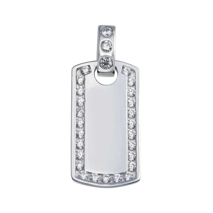 Sterling Silver Rhodium-Plated Sterling Silver CZ Dog Tag Hip Hop Pendant
