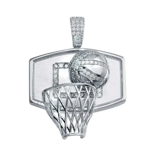 Rhodium Plated 925 Sterling Silver CZ Basketball Hoop Hip Hop Pendant
