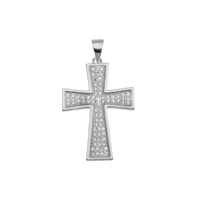 Sterling Silver Rhodium-Plated Sterling Silver Cross CZ Hip Hop Pendant