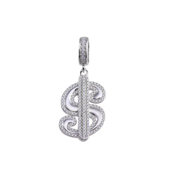 Sterling Silver Gold Plated Sterling Silver CZ Small Dollar Sign Hip Hop Pendant