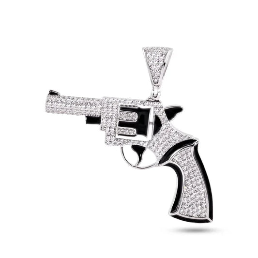 Rhodium Plated 925 Sterling Silver Spinning Revolver Gun Clear CZ Black Enamel Pendant