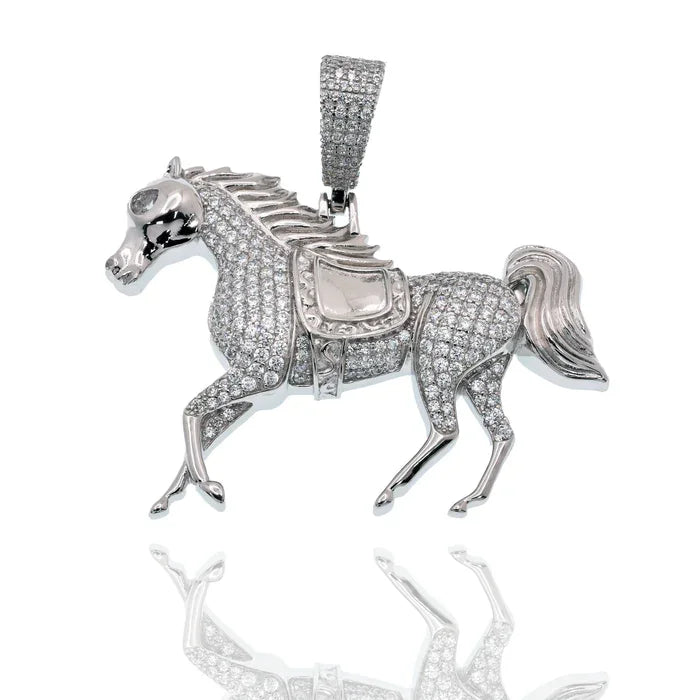 Sterling Silver Rhodium-Plated Sterling Silver Iced Out Horse Clear CZ Pendant