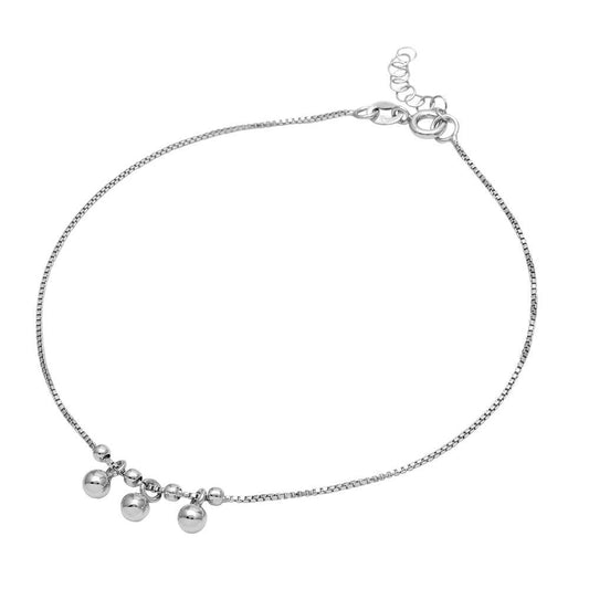 925 Sterling Silver Rhodium Plated Dangling Three Bead Anklet