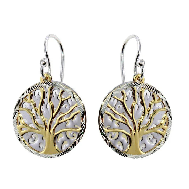 925 Sterling Silver Gold Plated Two Layer Tree of Life Earrings