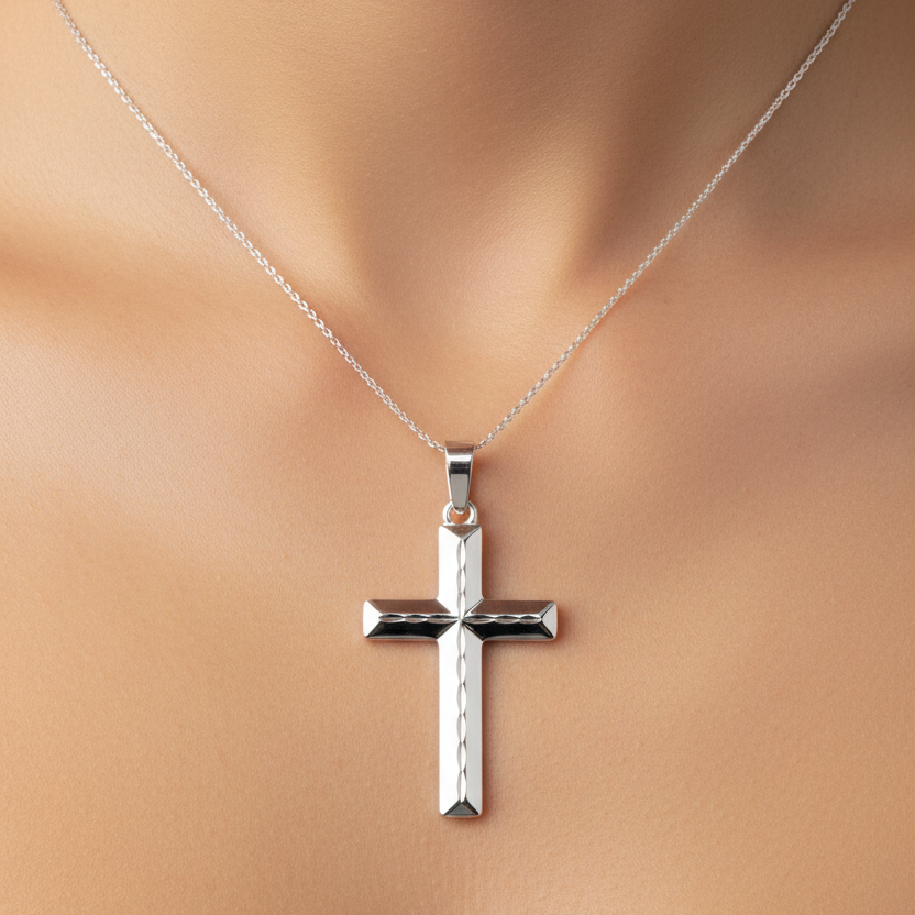 925 Sterling Silver Finish High Polished Flat Cross Pendant