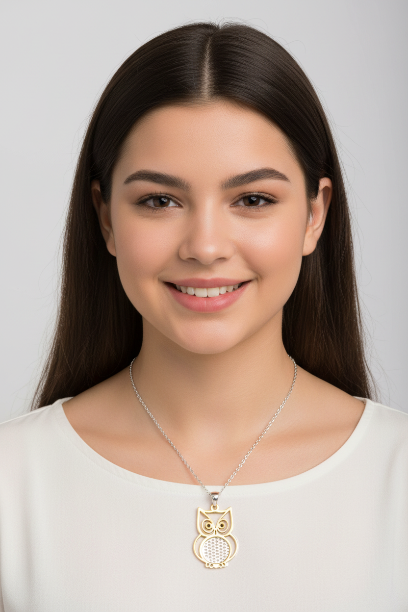 Two-Tone 925 Sterling Silver Owl Pendant Necklace