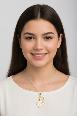 Two-Tone 925 Sterling Silver Owl Pendant Necklace