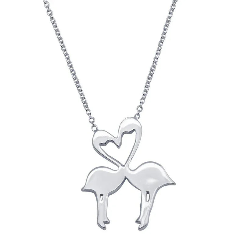 925 Sterling Silver Rhodium Plated Flat Flamingo Pendant Necklace, 16-18 inch