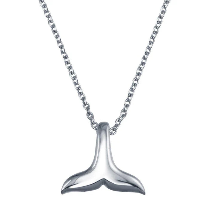 Rhodium Plated 925 Sterling Silver Whale Tail Pendant Necklace