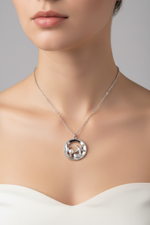 Rhodium Plated 925 Sterling Silver Seahorse, Starfish, Clam, and Pearl Pendant Necklace
