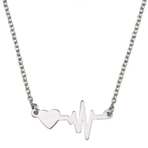 Rhodium Plated 925 Sterling Silver Heart and Heartbeat Pendant Necklace