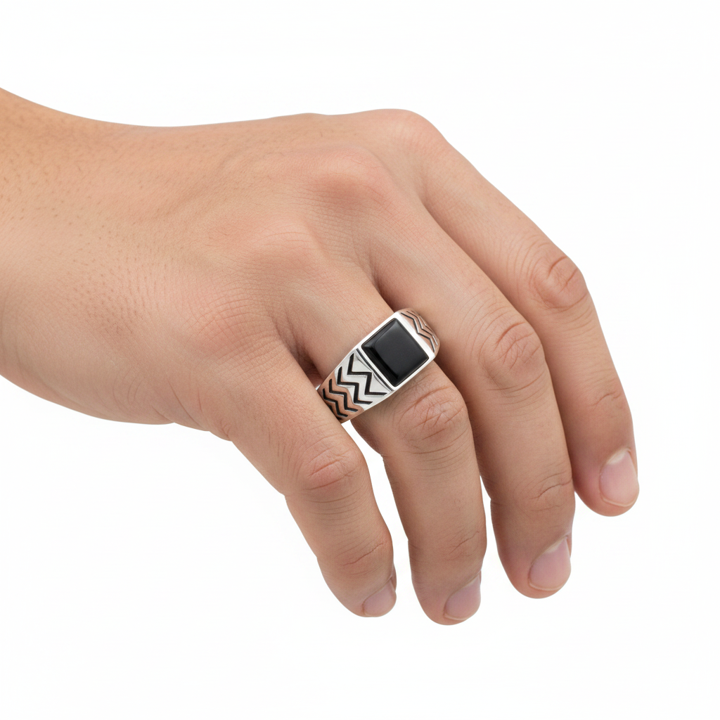 925 Sterling Silver Rhodium-Plated Black Enamel Zig-Zag Ring