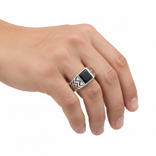 925 Sterling Silver Rhodium-Plated Black Enamel Zig-Zag Ring