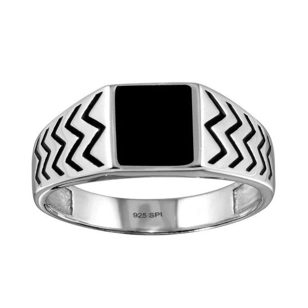 Silver Rhodium Plated Ring setting with  Black Enamel and Zig Zag Design Shank Ring