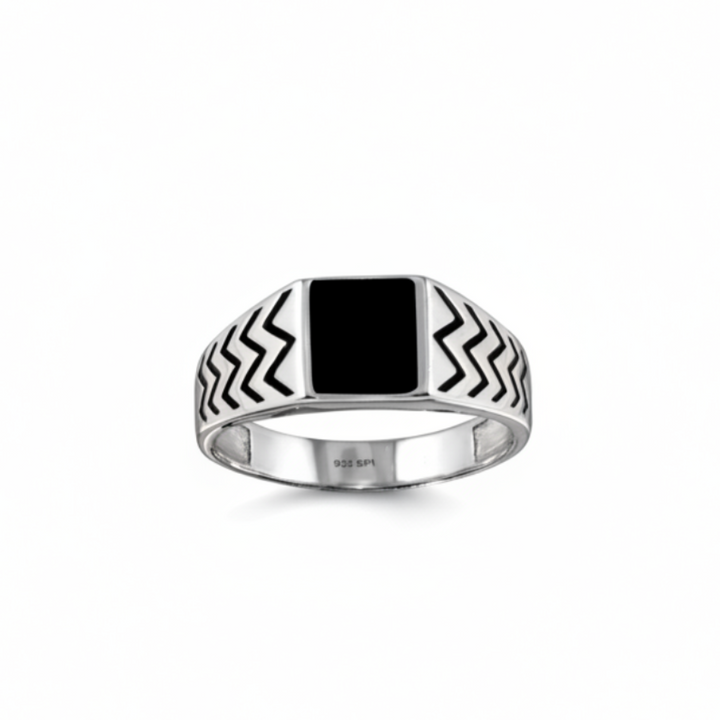 925 Sterling Silver Rhodium-Plated Black Enamel Zig-Zag Ring