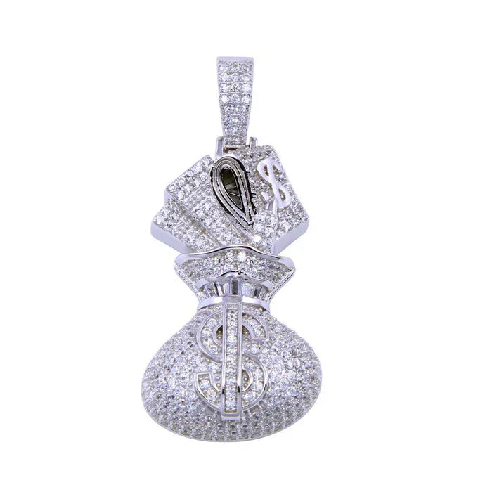 Sterling Silver Rhodium-Plated Sterling Silver CZ Bag of Cash Pendant