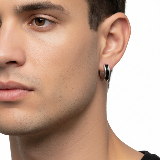 Stainless Steel Rhodium Plated  Black Enamel Huggie Earrings