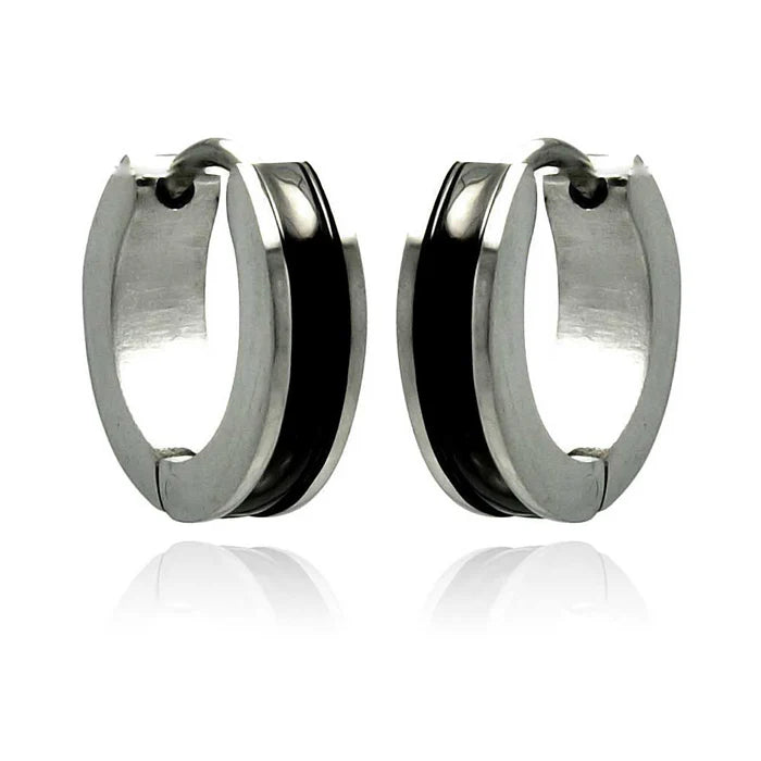 Stainless Steel Rhodium Plated  Black Enamel Huggie Earrings