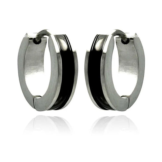 Stainless Steel Rhodium Plated  Black Enamel Huggie Earrings