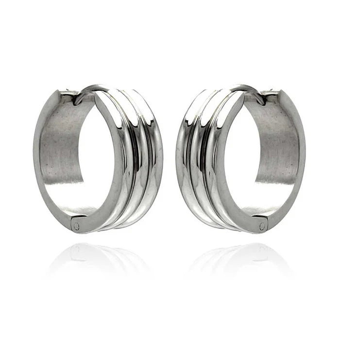 Stainless Steel Rhodium-Plated Multi Line Huggie Earrings