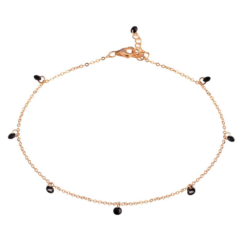 925 Sterling Silver Rose Gold Plated Dangling Black CZ Anklet