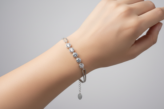 Sterling Silver Rhodium-Plated Double Strand Box Bracelet with Round CZ