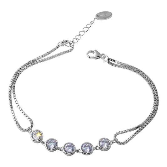 Sterling Silver Rhodium-Plated Double Strand Box Bracelet with Round CZ