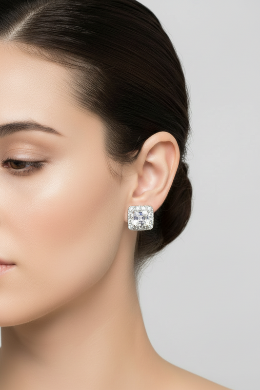 Silver 925 Rhodium-Plated Square Cluster CZ Stud Earrings