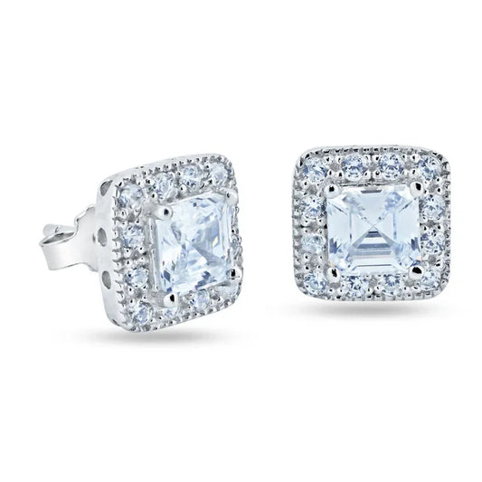 Silver 925 Rhodium Plated Square Cluster CZ Stud Earrings