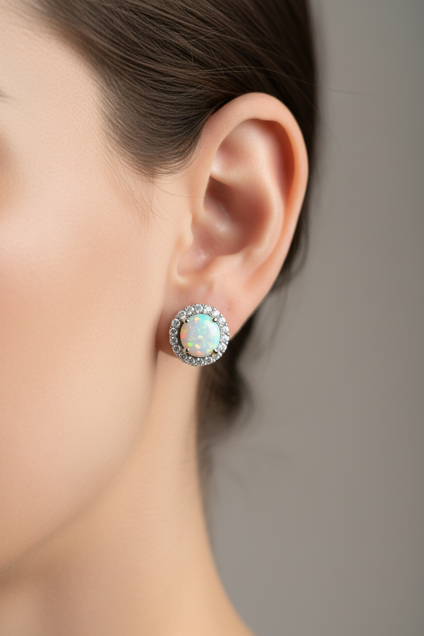 Silver 925 Rhodium-Plated Round Opal CZ Stud Earrings