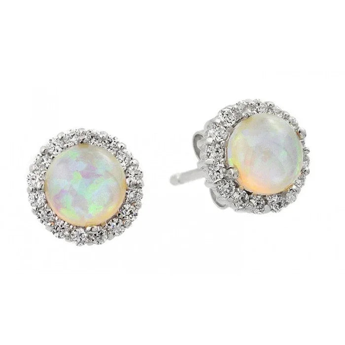 Silver 925 Rhodium Plated Round Opal CZ Stud Earrings