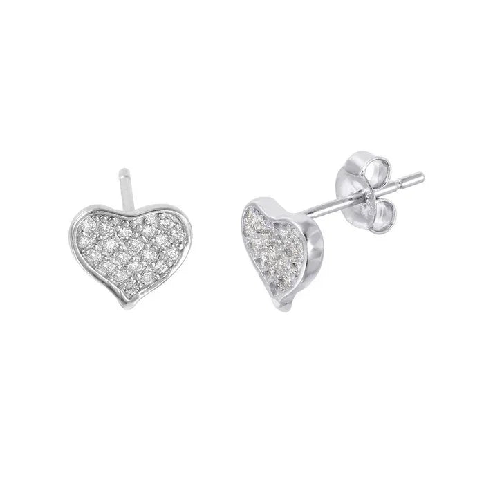 925 Sterling Silver Rhodium-Plated Heart – shaped Pave CZ Stud Earrings
