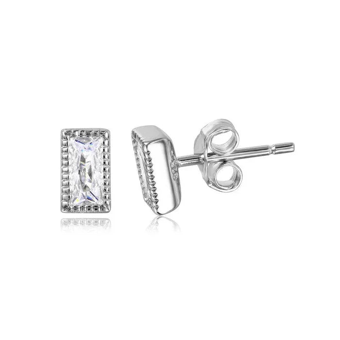 Silver 925 Rectangle Clear CZ Stud Earrings