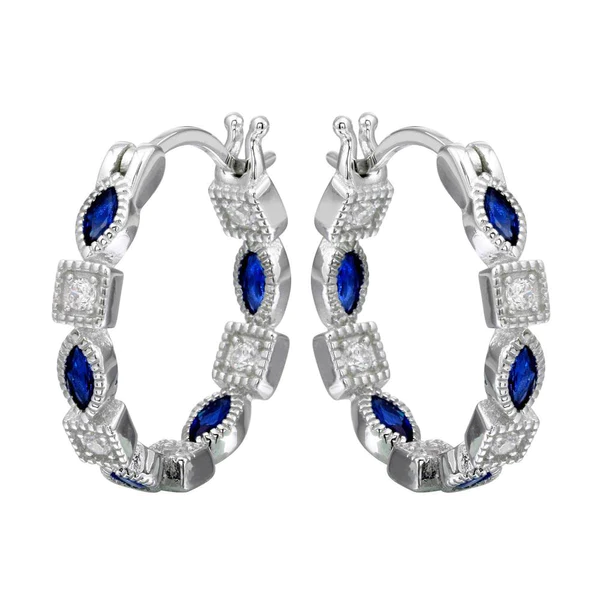 Silver 925 Rhodium Plated Inner and Outer Blue Clear CZ Hoop Earrings