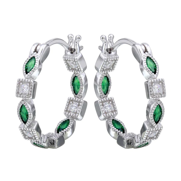 Silver Rhodium Plated Hoop Earring ,Inner and Outer Green Clear CZ