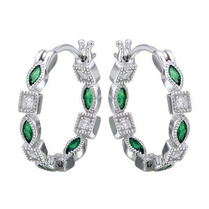 Silver Rhodium Plated Hoop Earring ,Inner and Outer Green Clear CZ