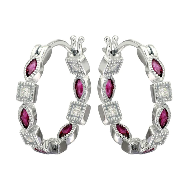 Silver Rhodium Plated Inner and Outer Red Clear CZ Hoop Earrings
