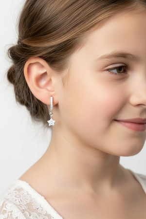 Silver 925 Rhodium-Plated Dangling CZ Star huggie hoopEarrings – STE01213