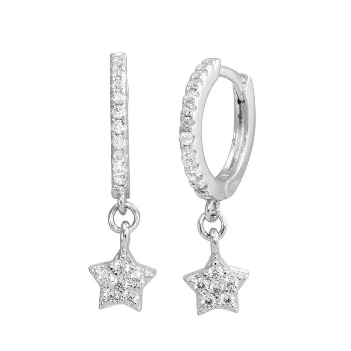 925 Sterling Silver Rhodium-Plated Dangling CZ Star Huggie Hoop Earrings