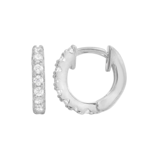 Silver Rhodium Plated CZ huggie hoop Earrings, 9.3mm