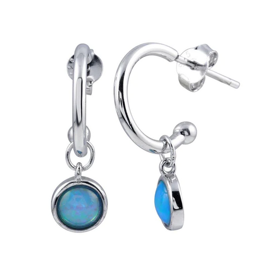 Silver Rhodium Plated Hoop Earrings Dangling Pink Opal