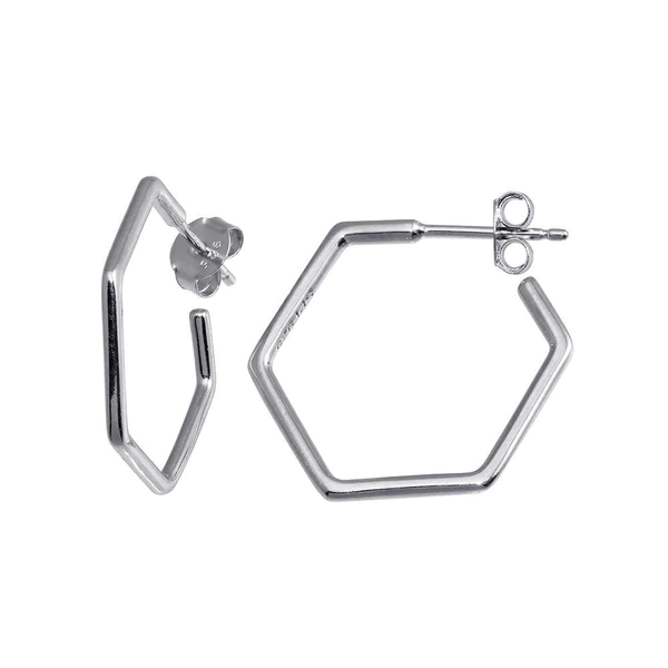 Silver Rhodium-Plated Large Hexagon Semi Hoop Earrings