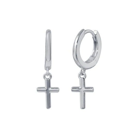 Silver 925 Rhodium Plated huggie hoop Cross Earrings