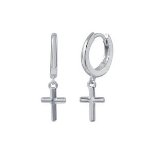 Silver 925 Rhodium Plated huggie hoop Cross Earrings
