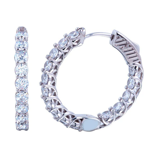 Silver Rhodium Plated hoop Earrings ,Inside and out side Cz,19mm